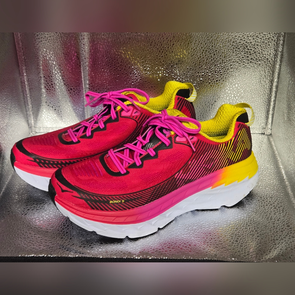 Hoka One One Bondi 5 Fuchsia and Neon Yellow Running Shoes